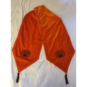 Orange Velvet Halloween Table Runner Pumpkin Appliques Beaded Tassels Home Decor